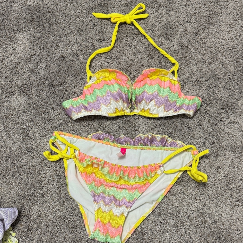 Victoria's Secret Yellow Pink Green Purple Chevron Bikini Set